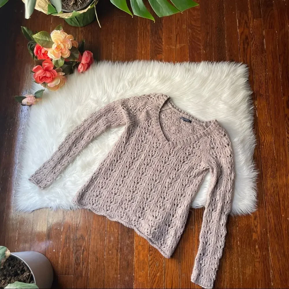 American Eagle Tan V Neck Sweater Open Knit Size Small